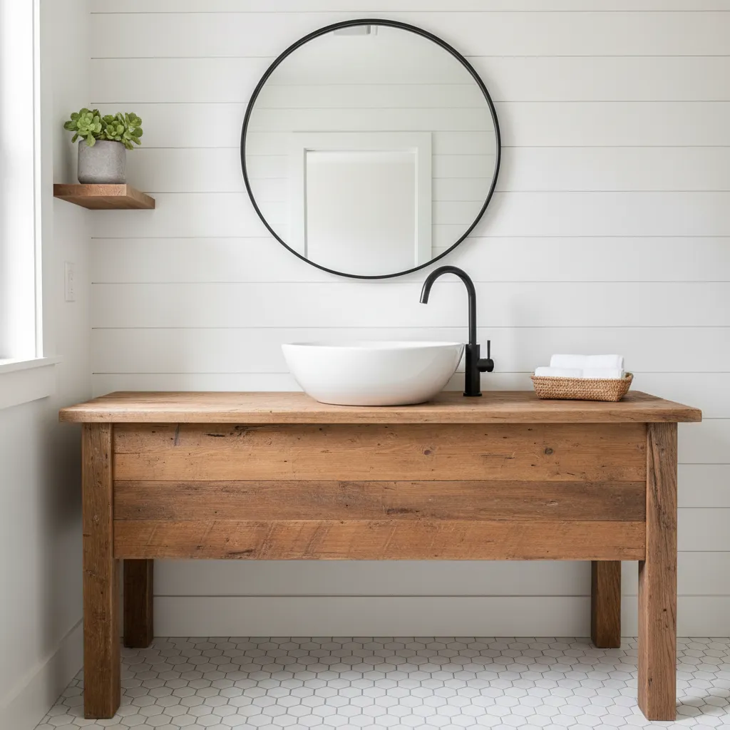 Reclaimed-wood console vanity with a white vessel sink, a matte black faucet and a round black mirror against white shiplap
