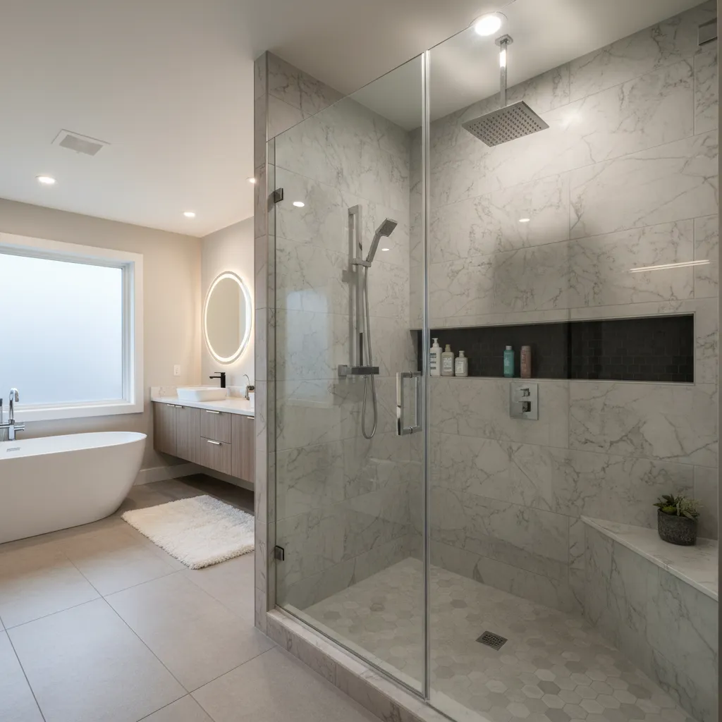 Gray marble-look glass shower with a built-in bench, a long dark niche and a rain head, with a freestanding tub near a window