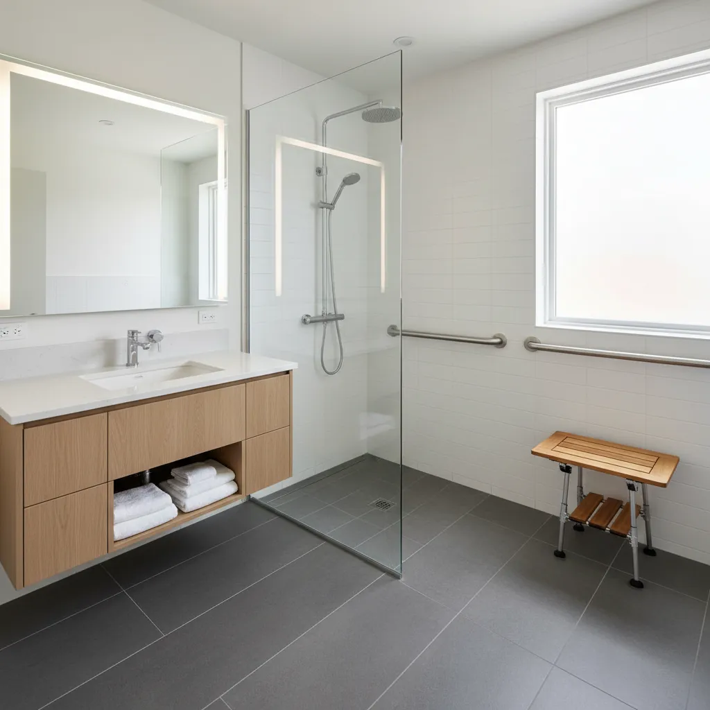 Floating wood vanity with an open shelf beside a glass walk-in shower with a grab bar, a teak bench and large gray floor tile