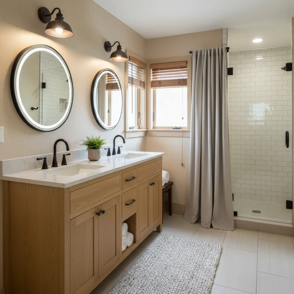 Oak double vanity with round lighted mirrors and black wall sconces beside a white subway-tile shower