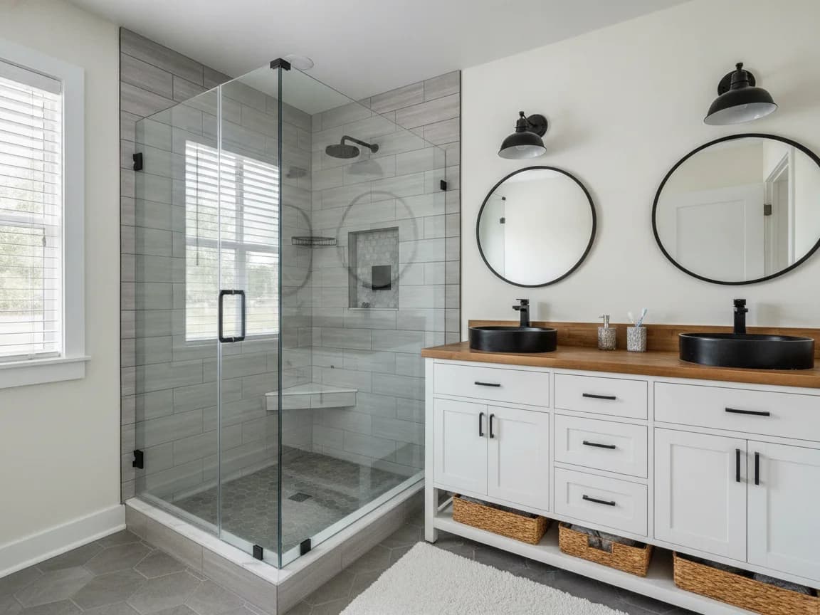 Bathroom with a glass corner shower in gray plank tile with a niche and corner seat, a white double vanity with a butcher-block top, black vessel sinks and round black mirrors