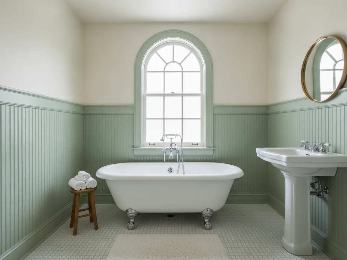 Guest bathroom with a white clawfoot tub under an arched window, sage green beadboard wainscot, a pedestal sink, a round brass mirror, a white hexagon mosaic floor and a wood stool with towels