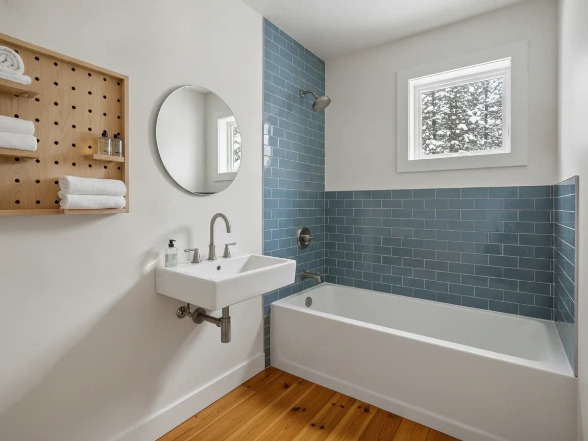 Cabin hall bathroom with a tub in blue subway tile, a wall-mounted sink, a pegboard shelf with towels, a round mirror, a pine floor and a small window showing snow