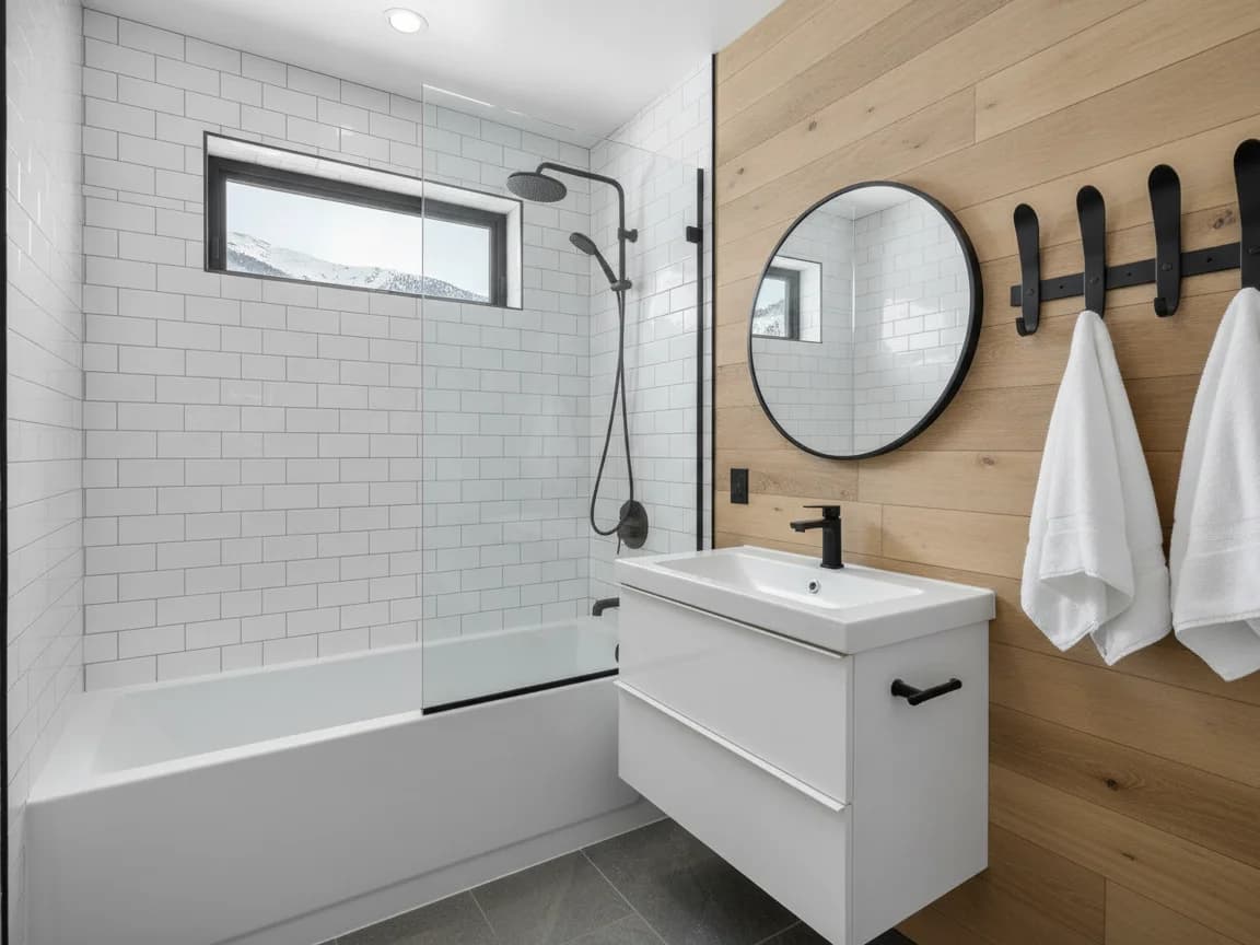 Guest bathroom with an alcove tub in white subway tile behind a glass panel, a compact white wall-hung vanity, a round mirror and a wood-plank wall with black hooks and towels under a horizontal window