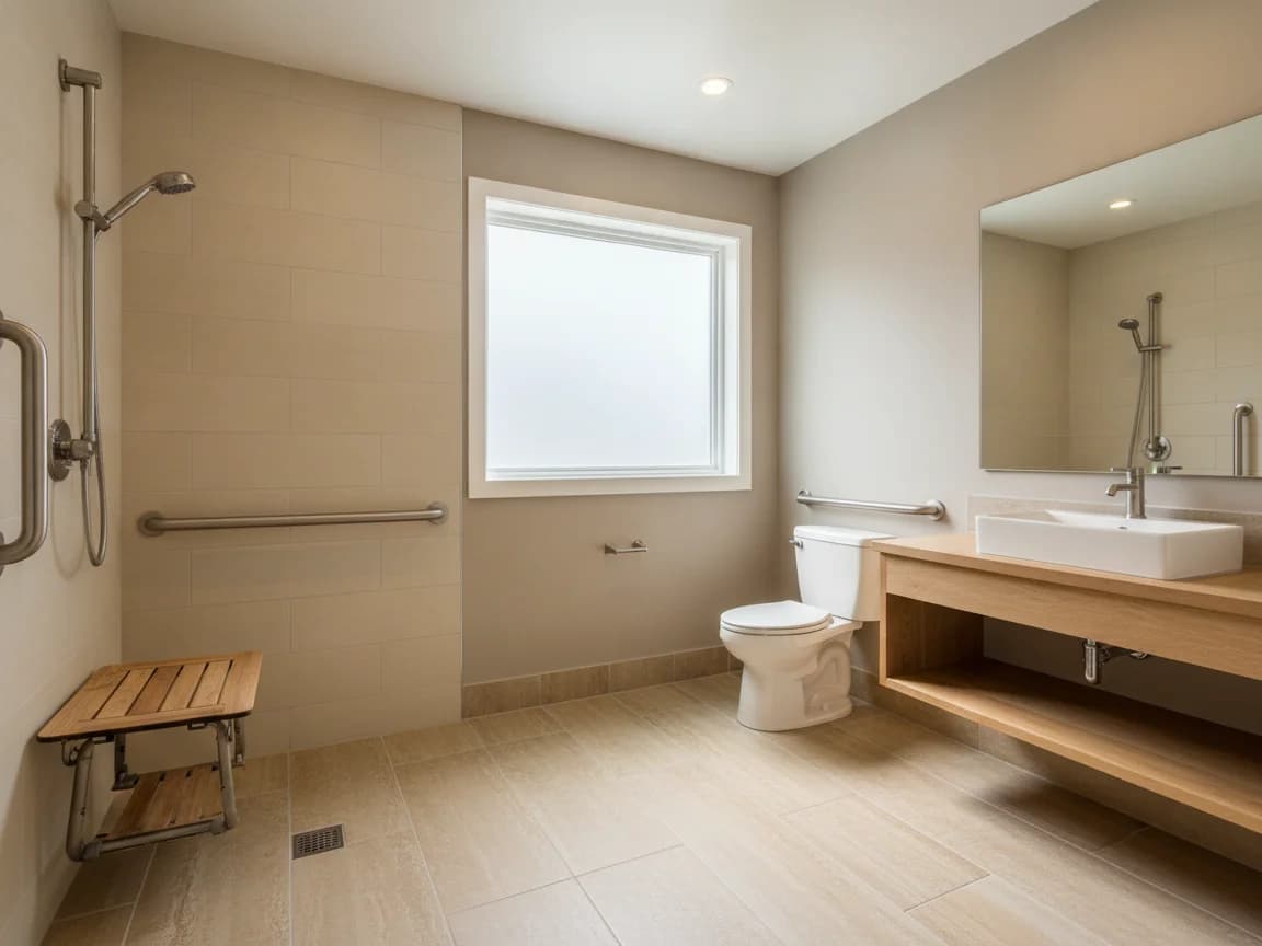 Accessible bathroom with grab bars, a handheld shower on a slide bar, a folding teak shower seat, a toilet and a floating wood vanity topped by a white basin