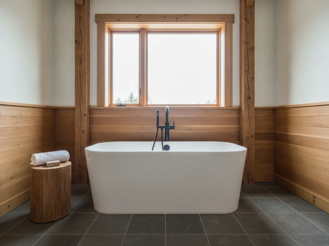 Cabin bathroom with a freestanding white tub and black floor-mounted filler beneath a timber-framed window, cedar plank wainscot, a slate floor and a log stool holding a towel