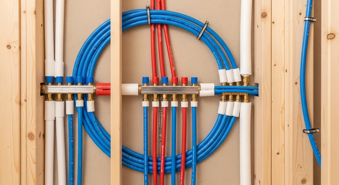 Red and blue PEX supply lines running to brass manifolds mounted between wood wall studs