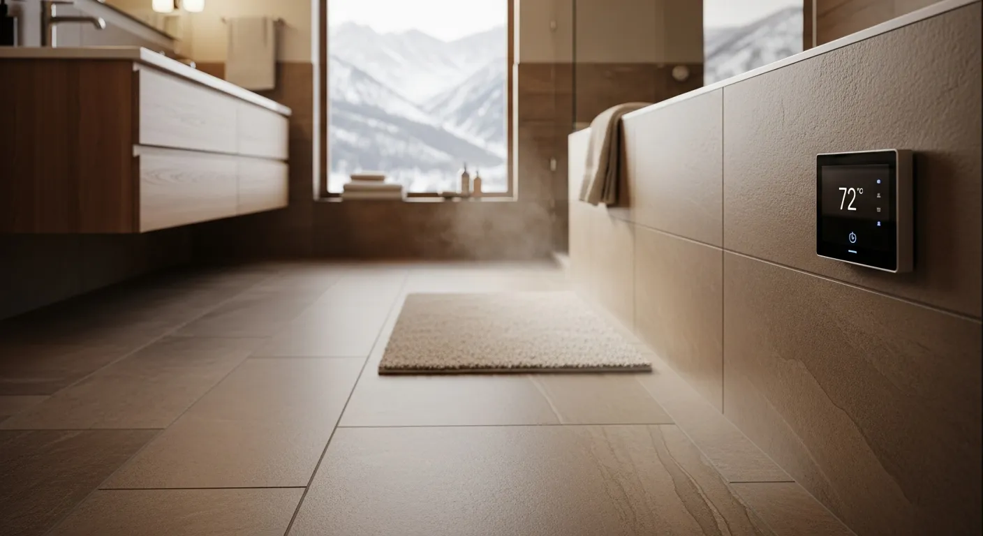 Bathroom with large stone-look floor tile, a wall thermostat reading 72 degrees for radiant floor heat, a floating vanity and a window onto snowy mountains