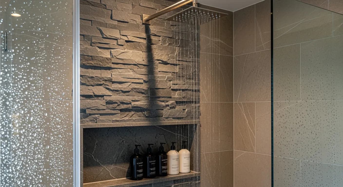 Shower with a stacked slate stone wall, a long recessed niche holding bottles, a ceiling rain head and gray stone-look wall tile behind glass