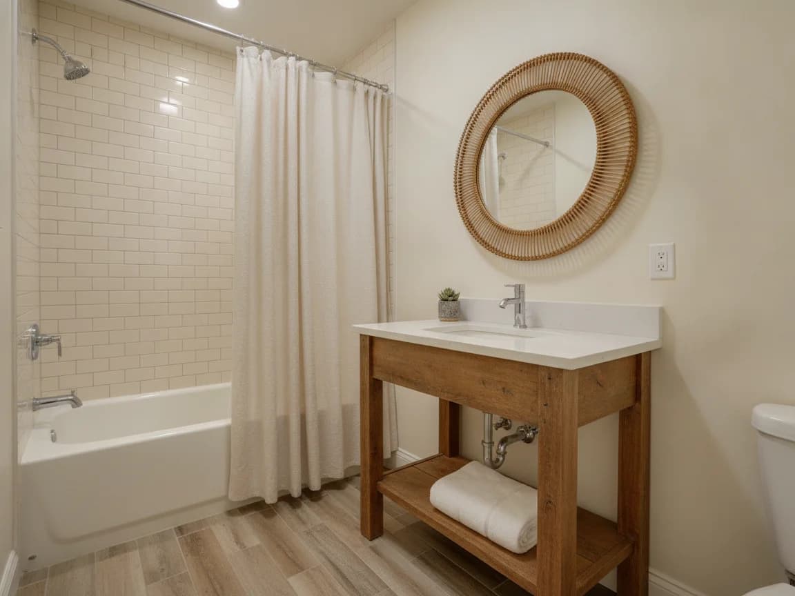 Guest bathroom with a tub and shower in cream subway tile with a linen curtain, a wood console vanity topped in white with a chrome faucet, a round rattan mirror and a wood-look floor
