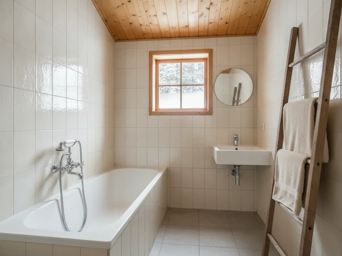 Compact cabin bathroom with a white tub and chrome hand shower against cream tile, a pine ceiling, a wall-mounted white sink, a wood towel ladder, a round mirror and a small wood-framed window with snow outside