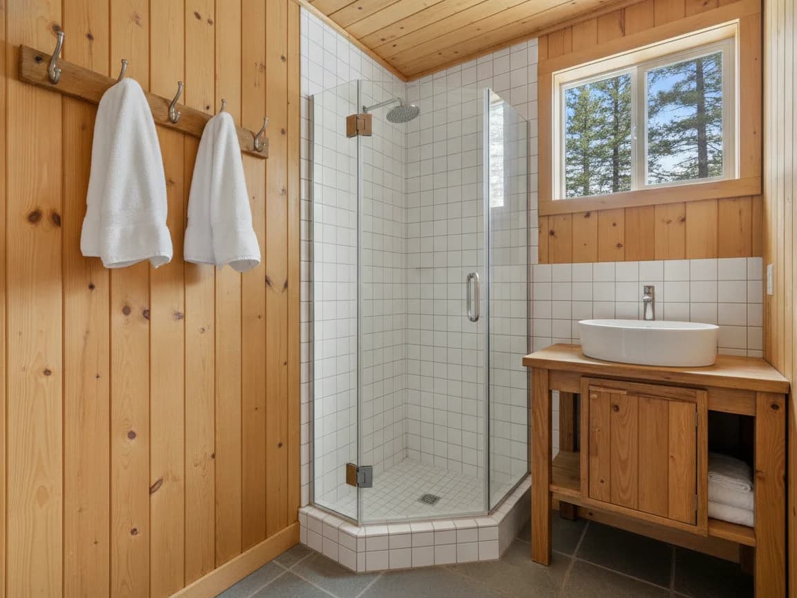 Small cabin bathroom with a corner glass shower in white square tile, pine plank walls and ceiling, a compact wood vanity with a white vessel sink, a wall hook rack with towels and a window onto pines