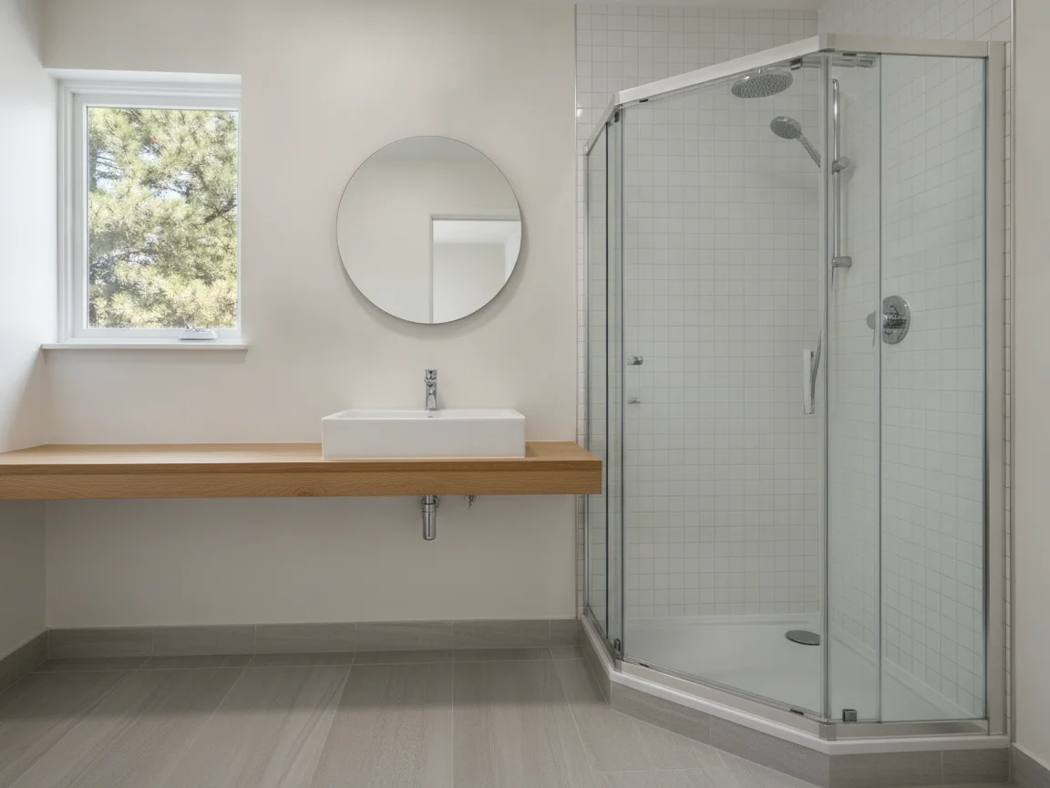 Compact bathroom with a corner glass shower in white tile and chrome fixtures, a floating wood shelf holding a white sink, a round mirror, a light gray floor and a small window onto pines