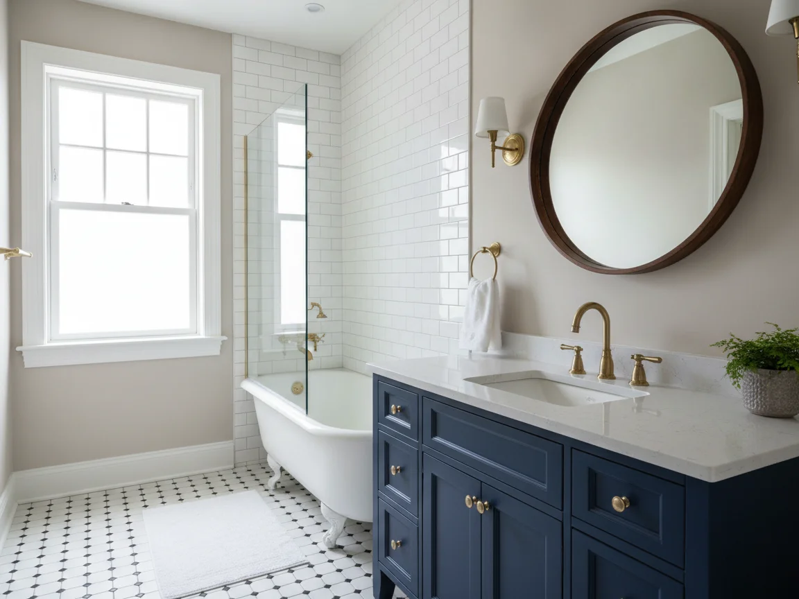 Country hall bathroom with a clawfoot tub, a clear glass panel and white subway tile, a navy vanity with a white top and brass faucet, a round wood mirror, a brass sconce and a black-and-white tile floor