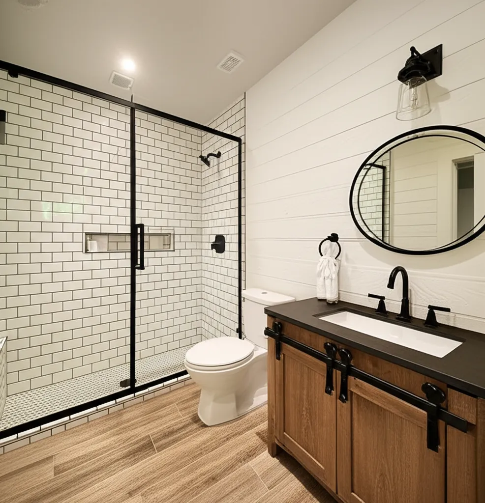White subway-tile shower with a black-framed glass door beside a shiplap wall, round mirror and wood vanity