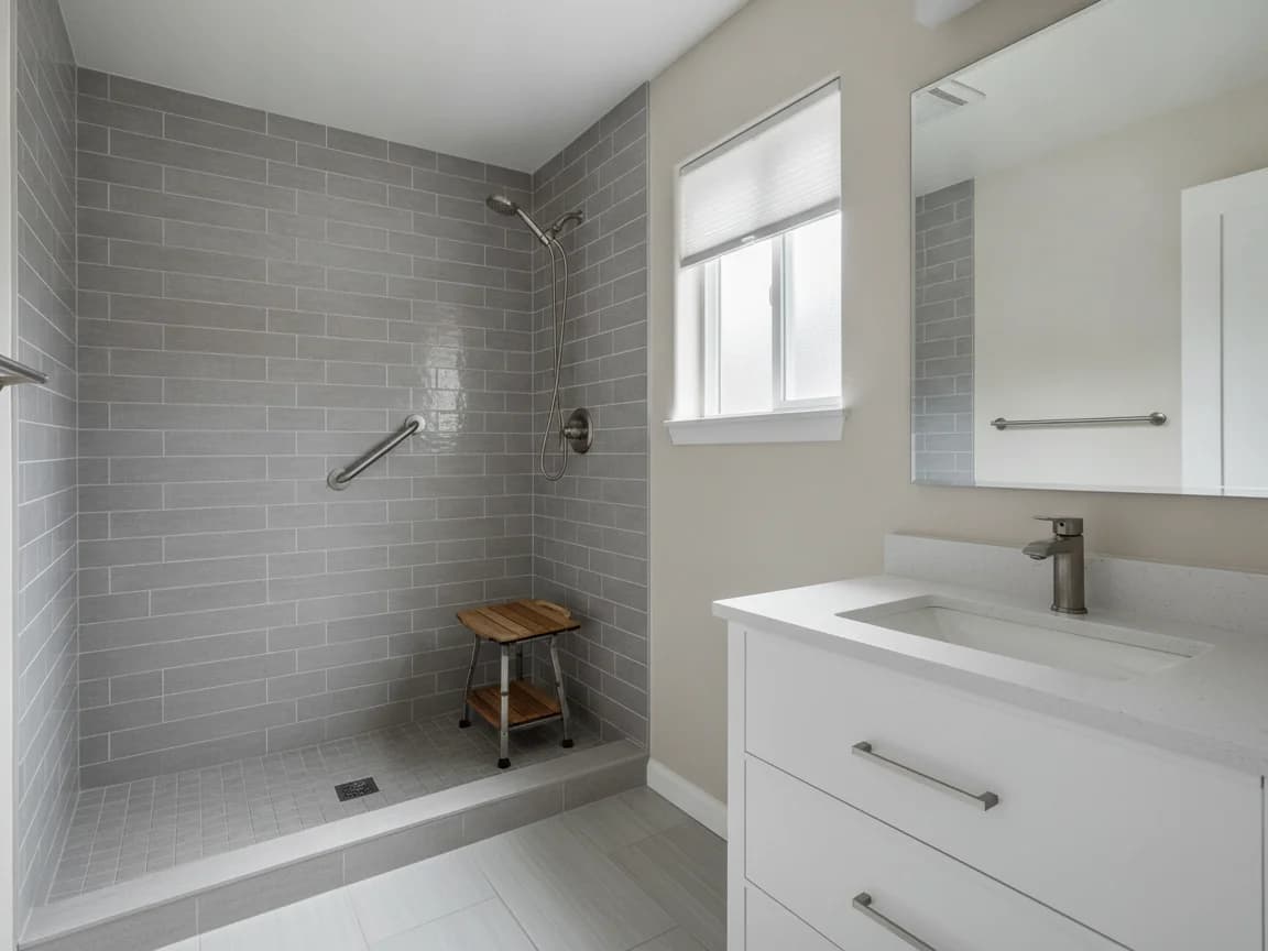 Hall bathroom with a low-threshold shower in gray subway tile with a teak shower stool and grab bar, a white vanity with a brushed nickel faucet and a window with a roller shade