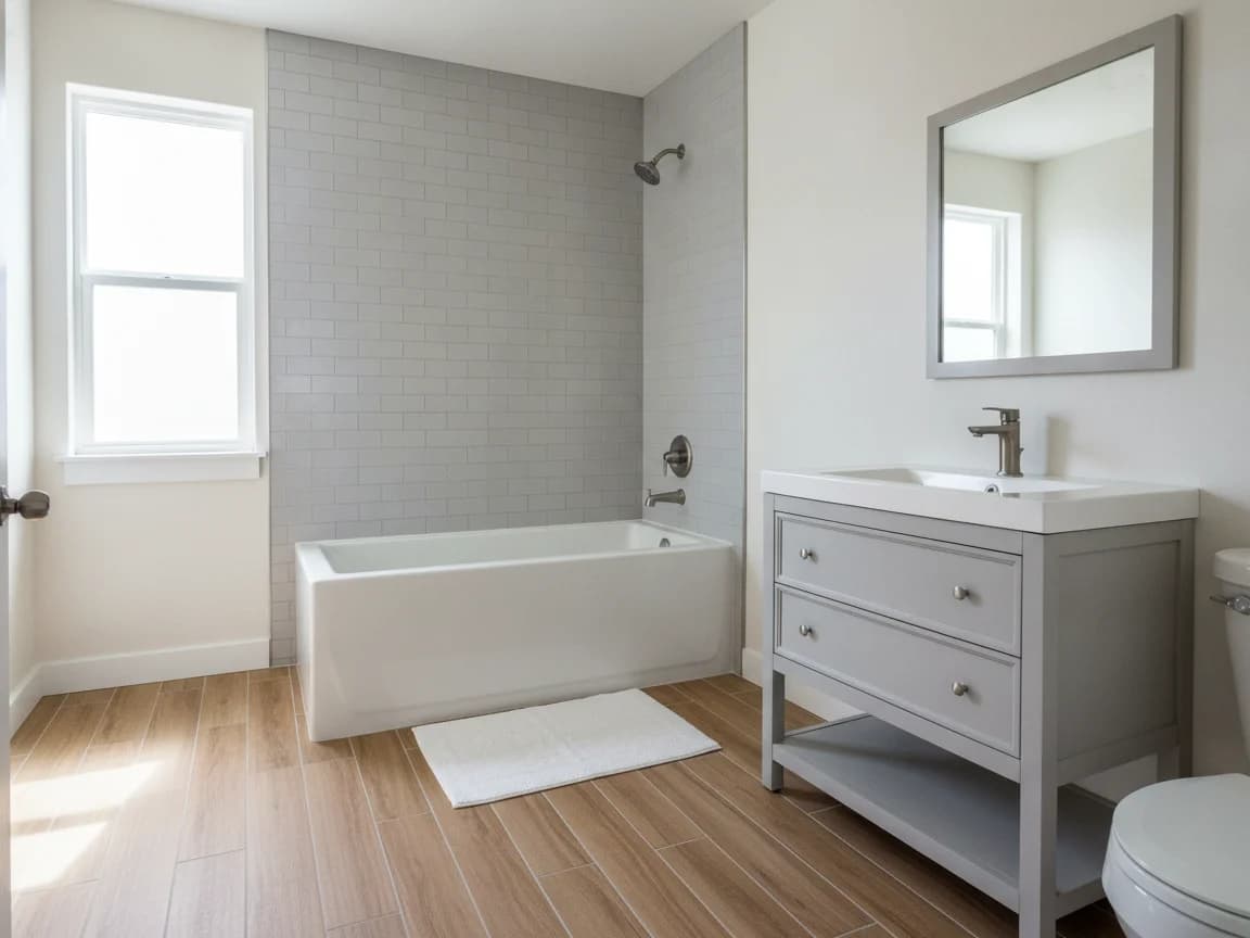 Hall bathroom with a white tub and gray tile surround, a light gray vanity with an open shelf, a rectangular mirror, a wood-look floor and a double-hung window
