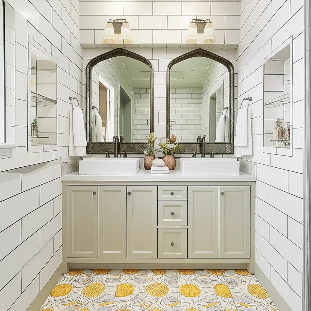 White shiplap bathroom with a sage double vanity, two arched black-framed mirrors and a yellow patterned tile floor