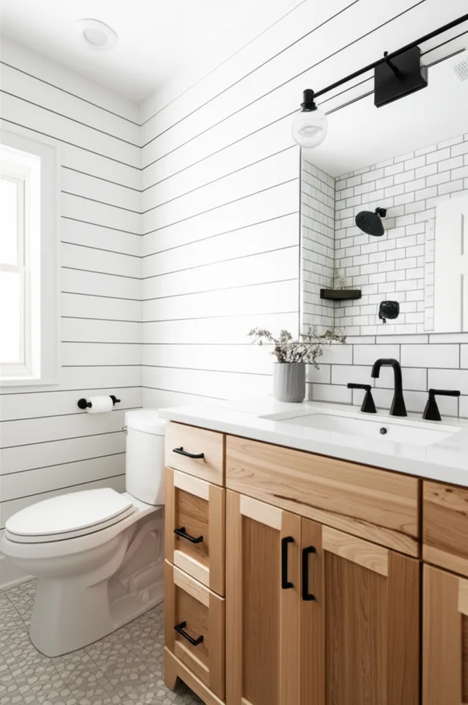 White shiplap bathroom with a light wood vanity, matte black faucet and wall light, and a subway-tile shower reflected in the mirror