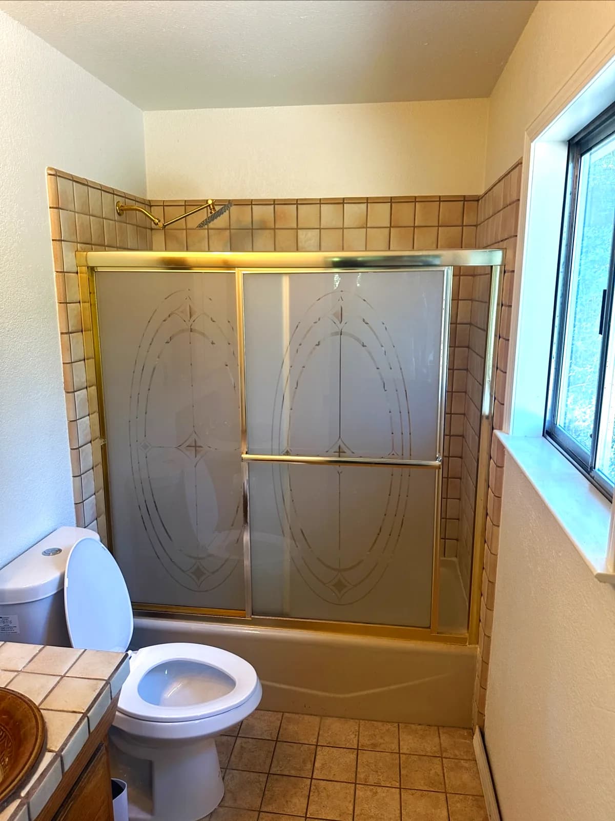 Before: Auburn tub with beige tile surround and gold-framed sliding doors