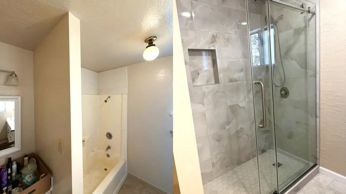 Shower Remodel with Marble-Look Porcelain and Hex Mosaic Accent in Cameron Park, CA