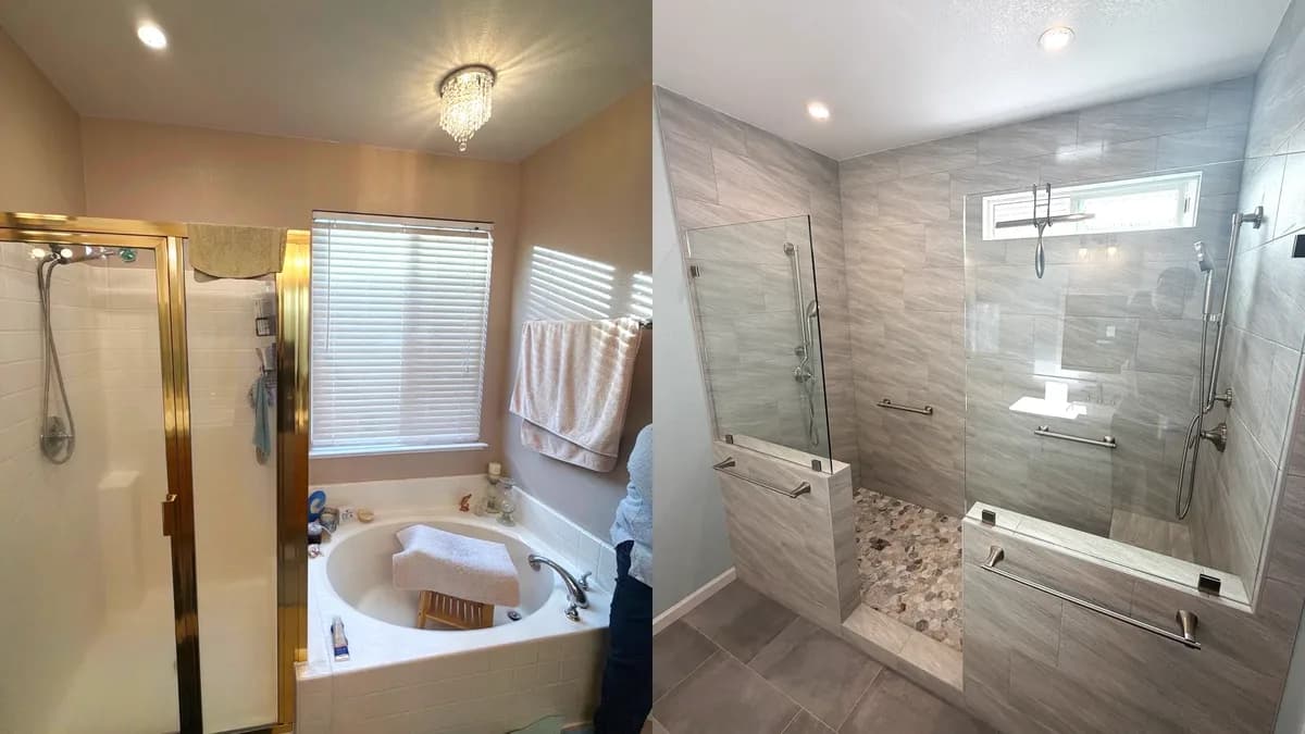 Master Bath Walk-In Shower with Pebble Accent Wall in Citrus Heights, CA
