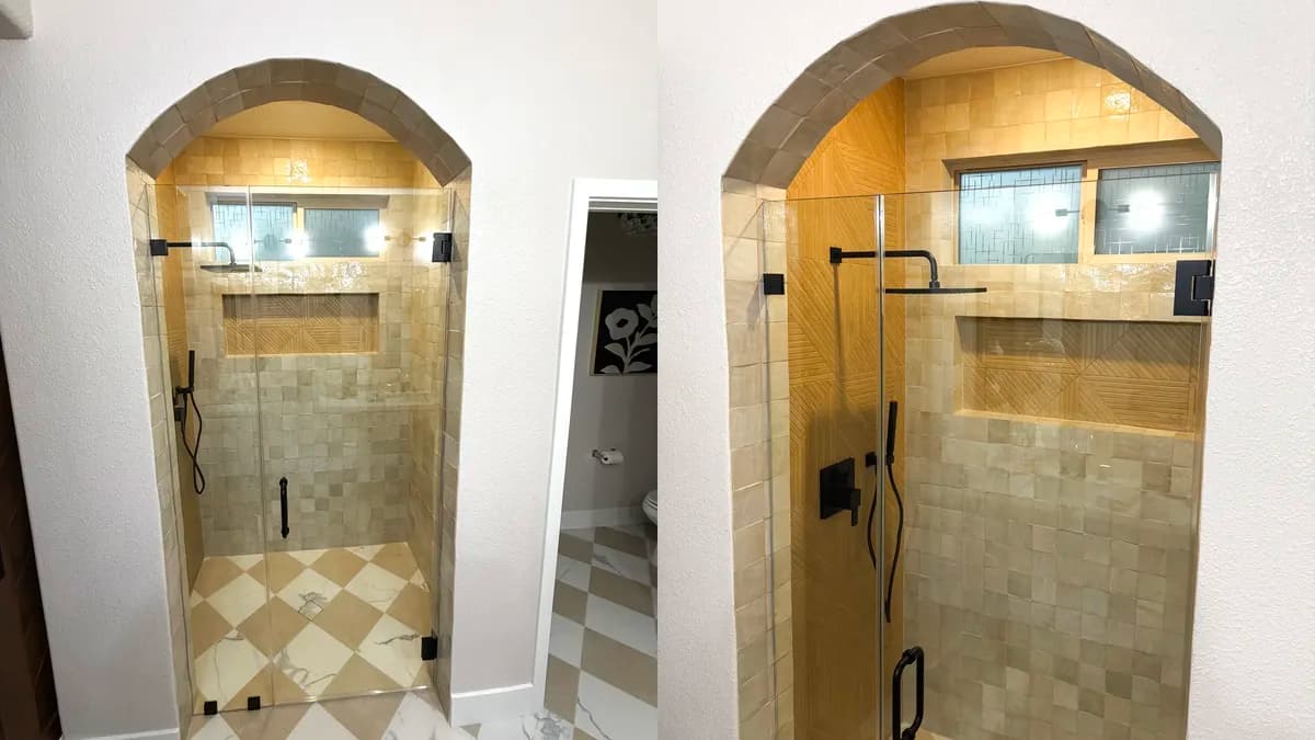 Arched Walk-In Shower with Zellige-Style Tile and Wood-Look Floor in El Dorado Hills, CA