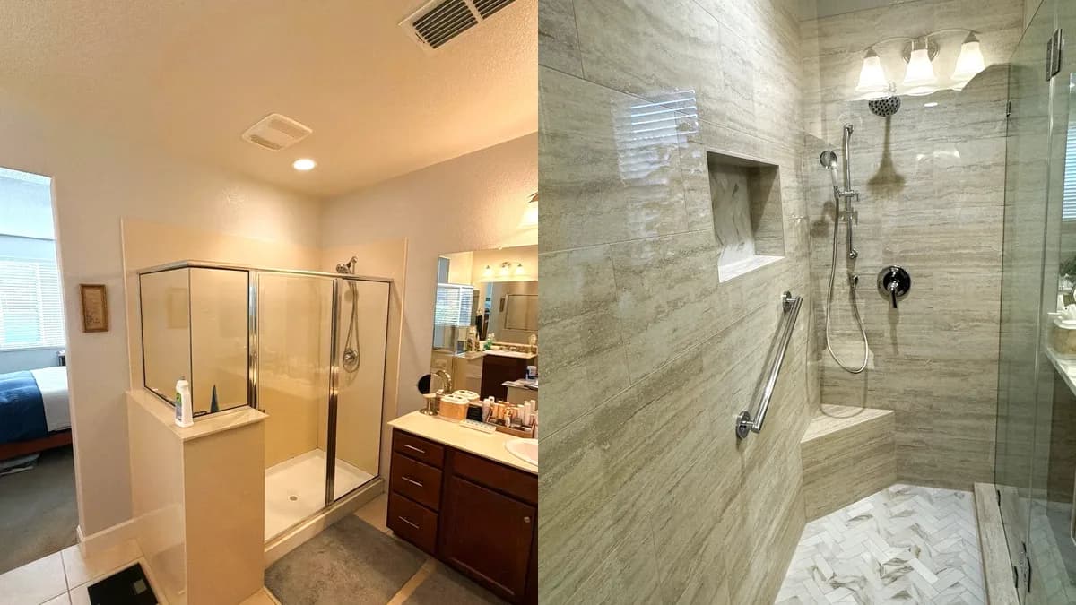 Master Shower Remodel with Herringbone Marble Accent in El Dorado Hills, CA