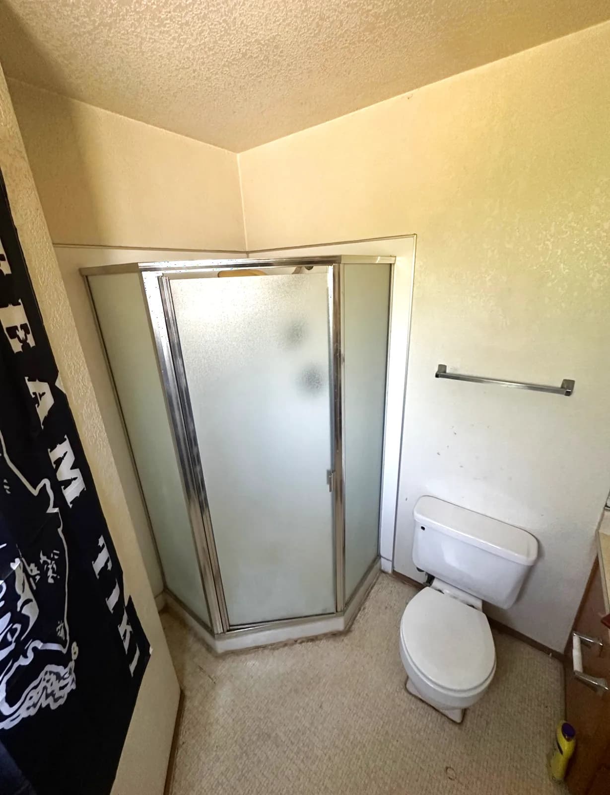 Before: small corner shower stall with frosted doors and carpet in the second bathroom
