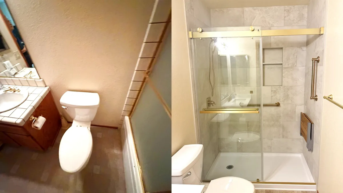 Tub-to-Shower Bathroom Remodel with Brushed Gold Fixtures in Orangevale, CA