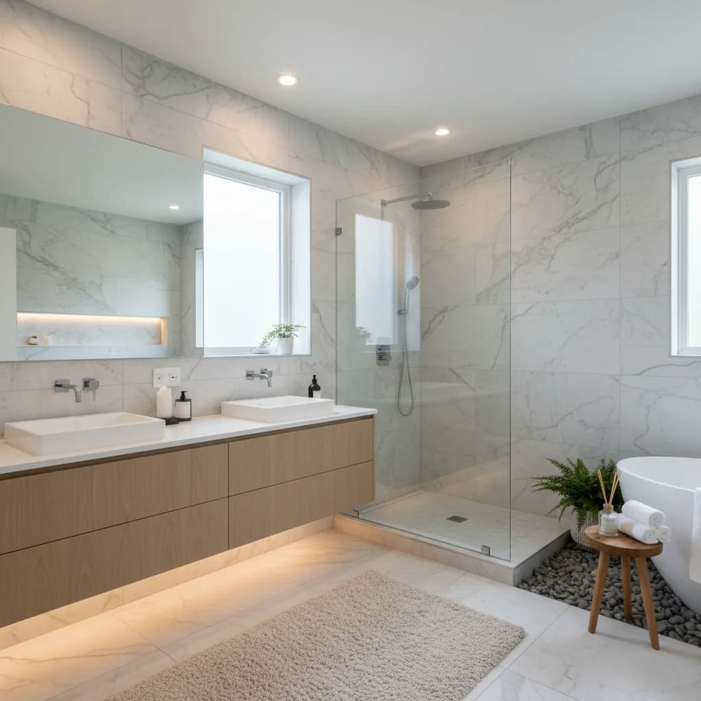 Light, modern primary bathroom with a floating wood double vanity and vessel sinks, marble-look walls, a glass walk-in shower, a freestanding tub and a pebble accent under a wood stool