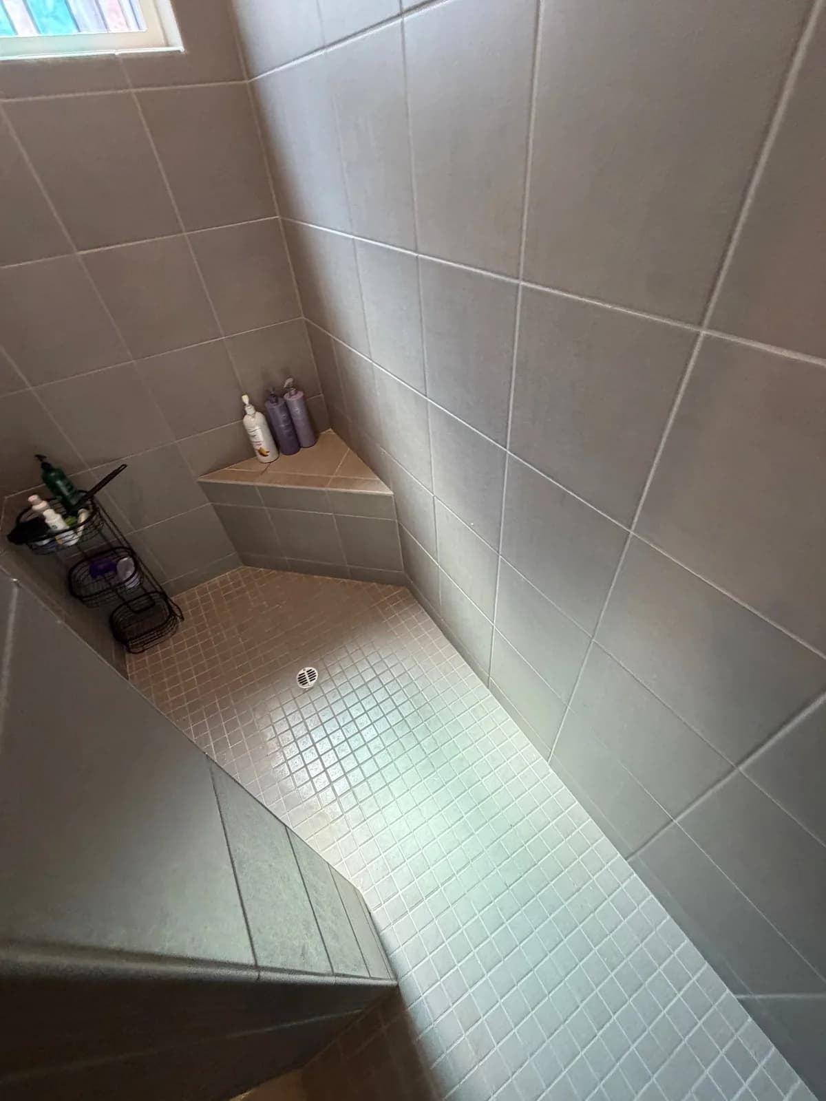 Before: Roseville shower wall tile detail — standard grey 12x12 tile with no grab bars or accessibility features