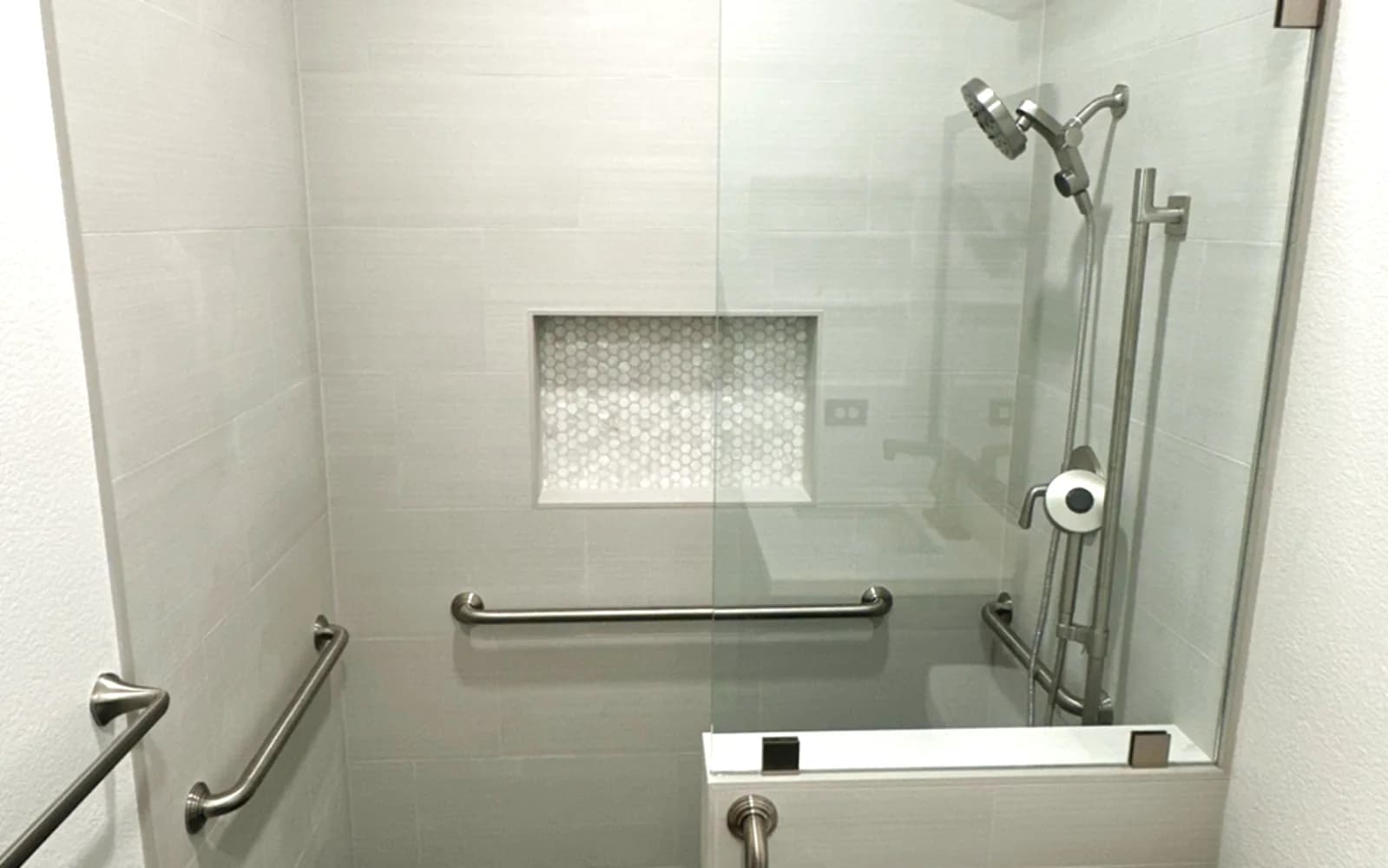 Tub With Clip-On Bars to Accessible Walk-In Shower - Roseville, CA bathroom remodel by Oakwood Remodeling Group
