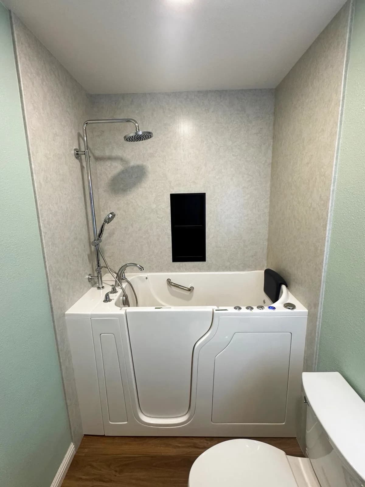 Walk-In Tub Conversion with Acrylic Walls, Warm-Wood Vanity and Backlit LED Mirror in Roseville, CA