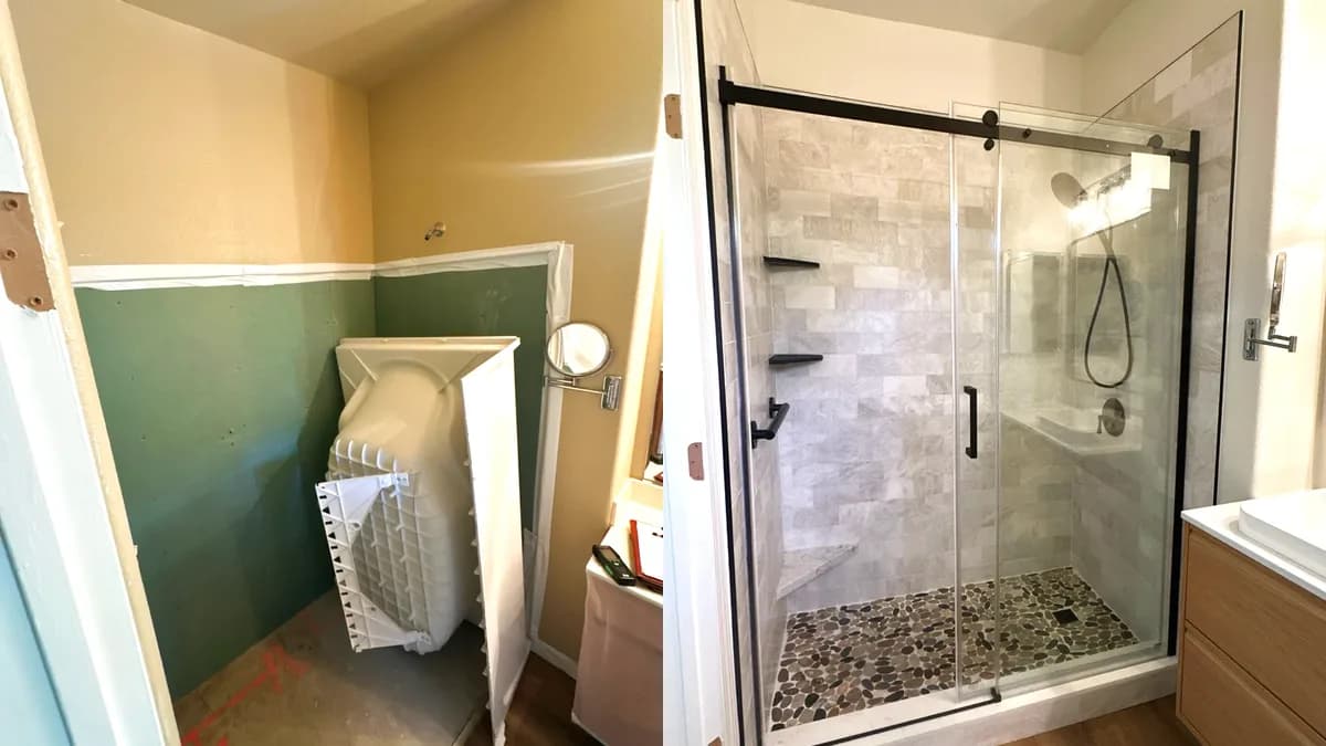 Shower Remodel with Marble-Look Tile and Black-Framed Glass in Natomas, Sacramento