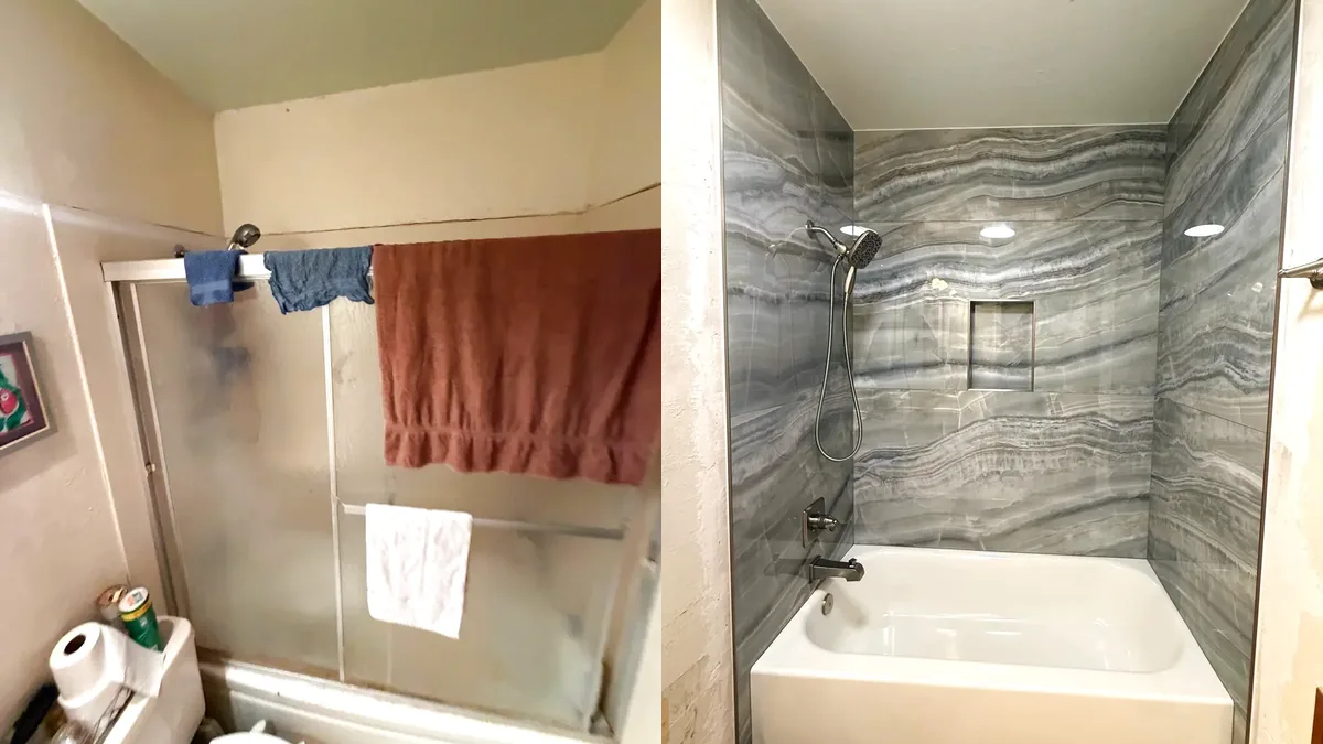 Tub-Shower Tile Remodel with Onyx-Look Porcelain in Woodland, CA