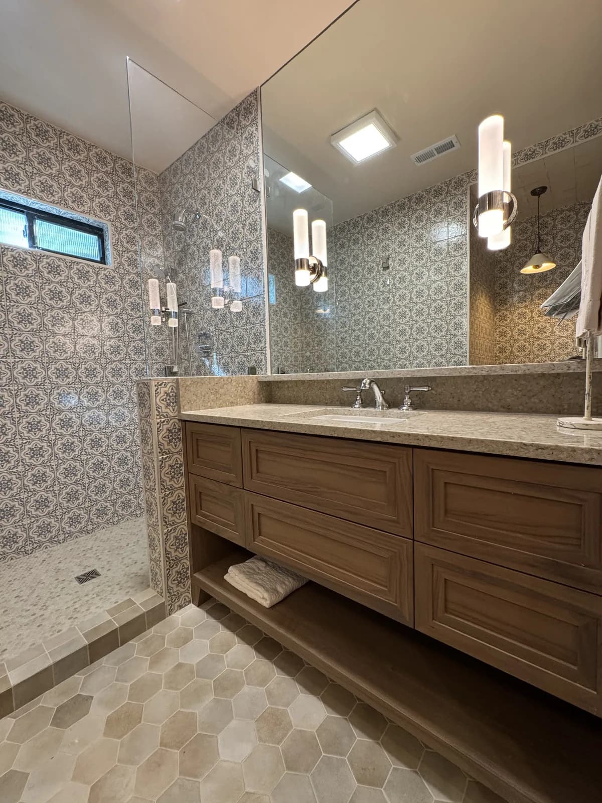 After: Completed Arden hallway bathroom showing the full layout from the doorway