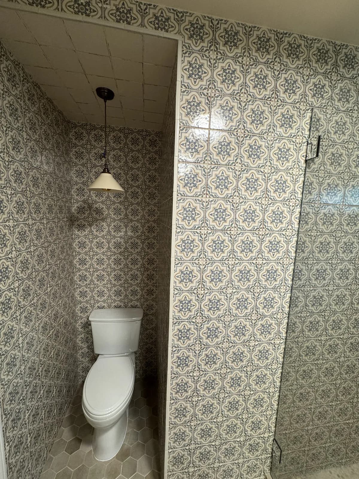 After: Arden hallway bathroom toilet area viewed from above — vintage tile on the surround and hex tile on the floor