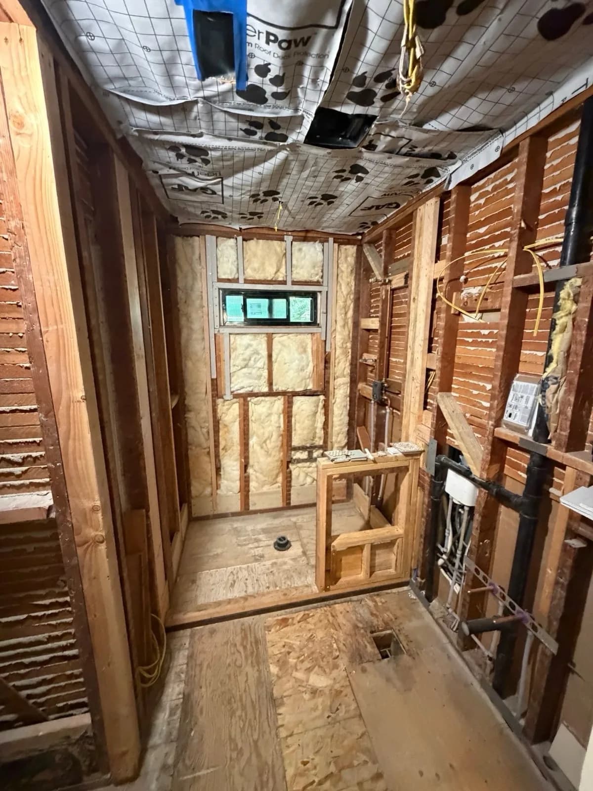Before: Arden hallway bathroom gutted from floor to ceiling — subfloor, shower drain rough-in and vapor barrier visible