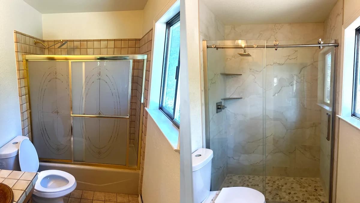 Tub-to-Shower Conversion with Marble-Look Tile and Sliding Glass in Auburn, CA