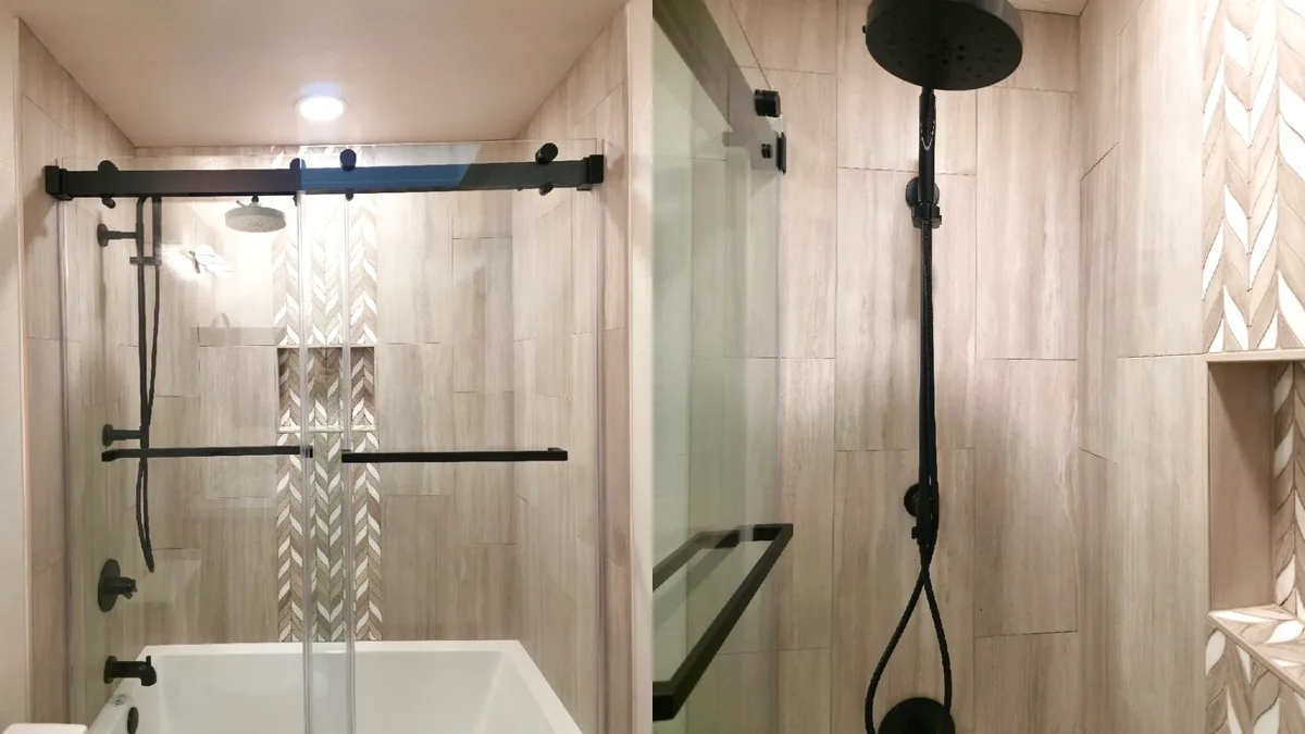 Tub-Shower Remodel with Wood-Look Tile and Matte Black Fixtures in Cameron Park, CA