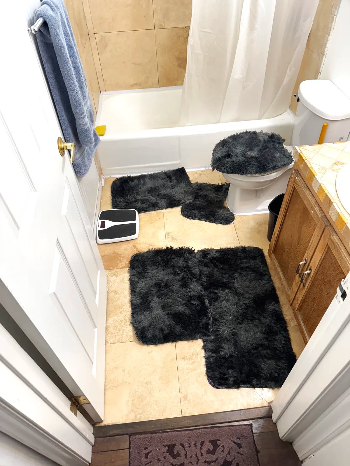 Before: view from the doorway of the tub, curtain and old vanity