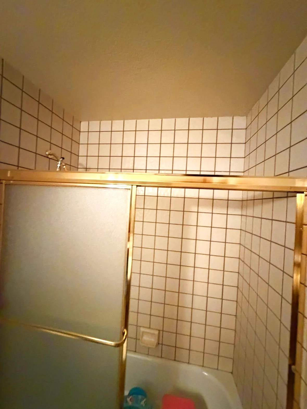 Before: tub with white grid-tile surround and gold-framed sliding doors