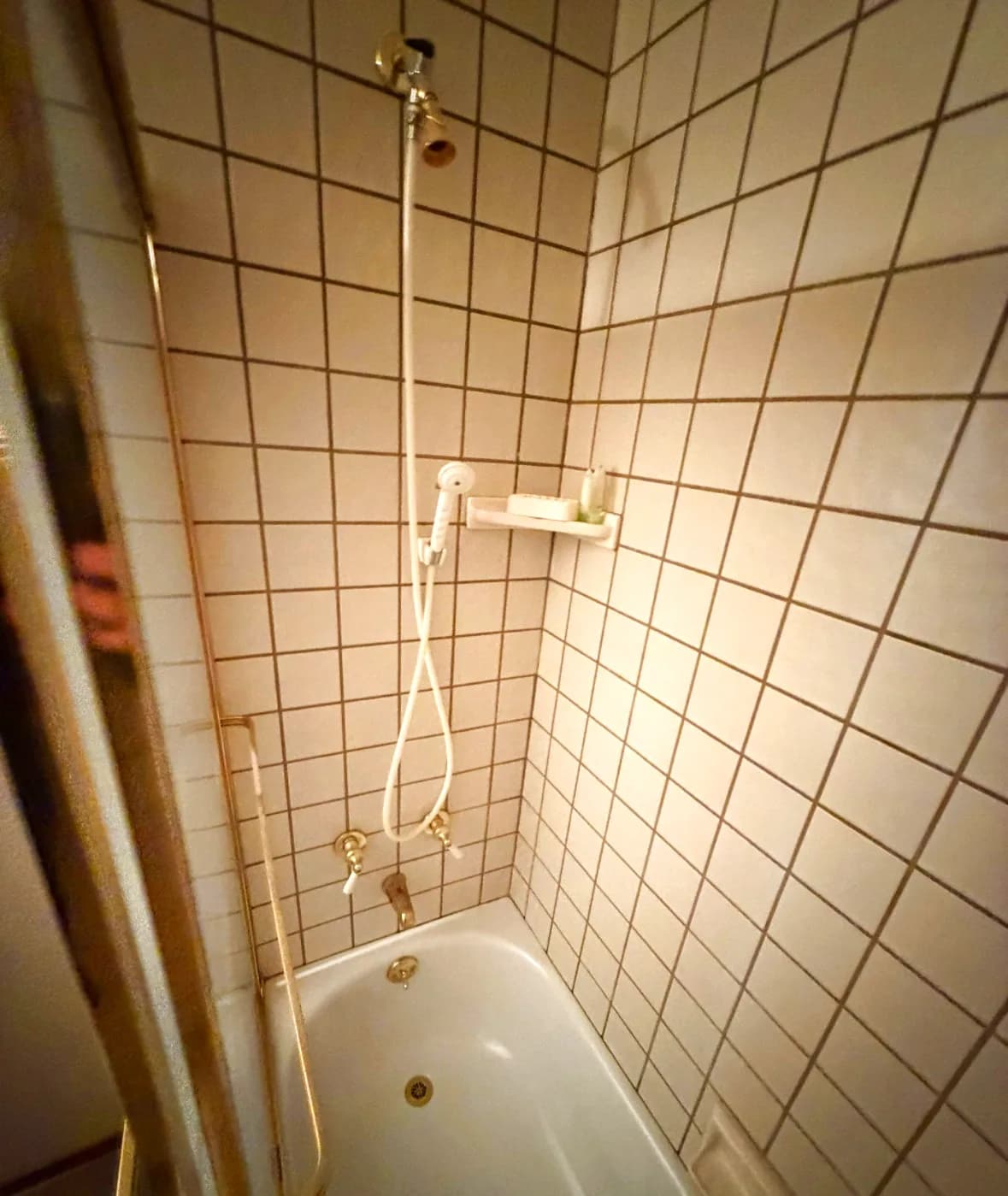 Before: tub and grid-tile surround seen with the sliding door open