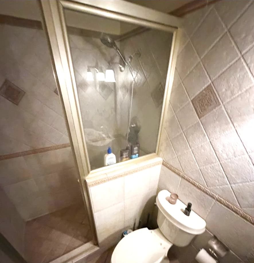 Before: framed glass shower enclosure and diamond-set tile beside the toilet in a Woodland hallway bathroom