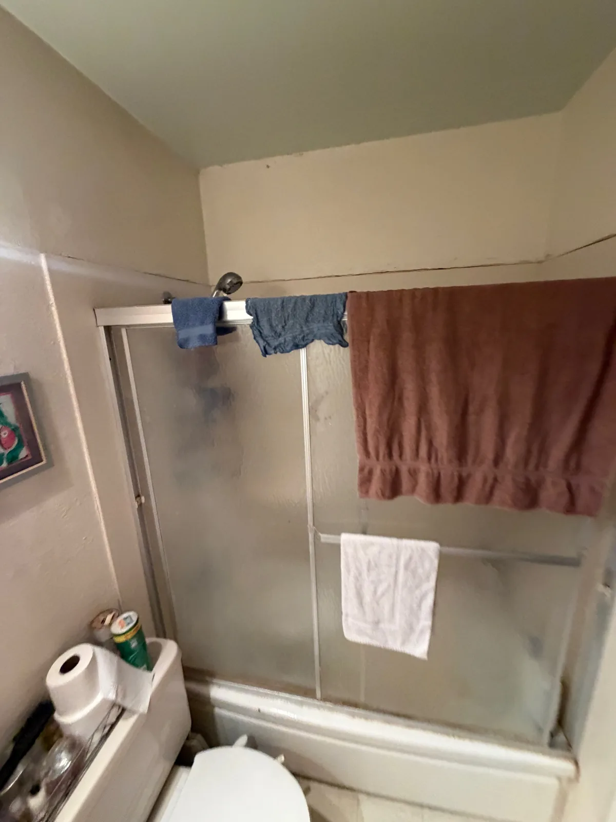 Before: aged tub-shower combo with framed sliding glass doors and painted drywall surround in a Woodland, CA bathroom